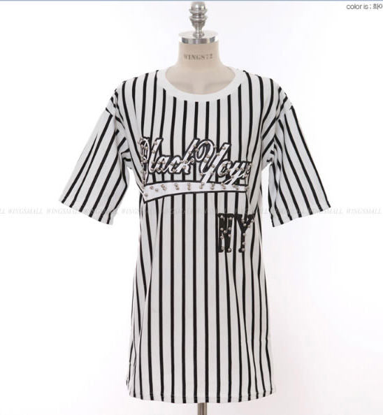 T-Shirt Striped Short Sleeved Beaded Letter