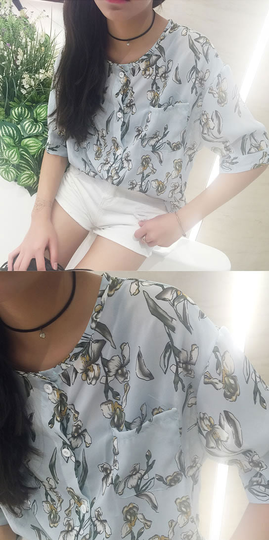 Shirt Floral Short Sleeved Chiffon Pocket