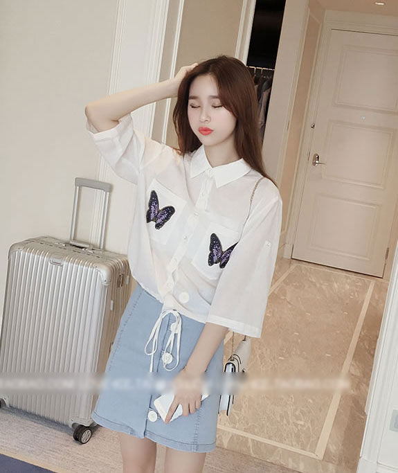 Shirt Butterfly Pockets Sleeved Collar Drawstring