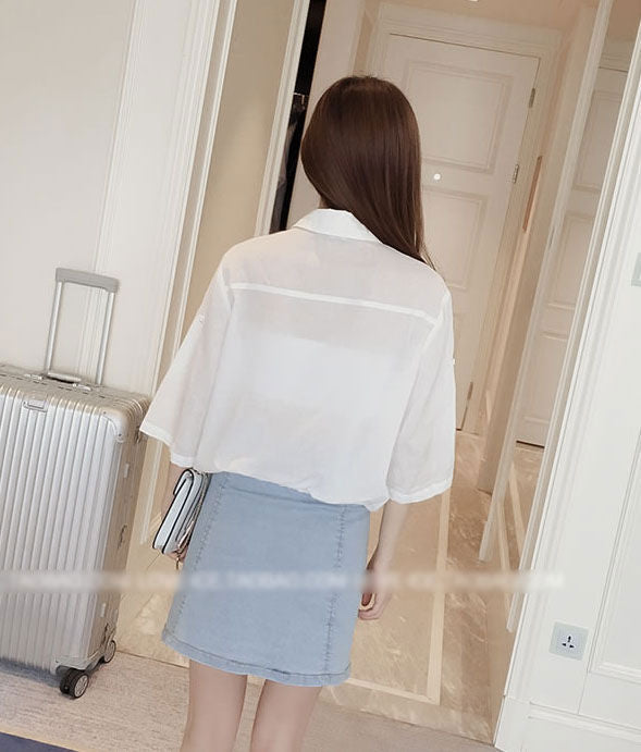 Shirt Butterfly Pockets Sleeved Collar Drawstring