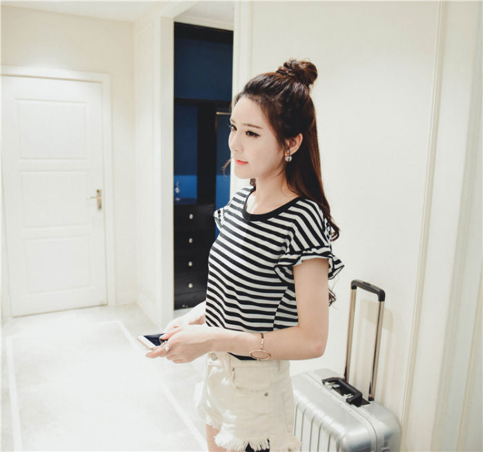Shirt Striped Flounced Sleeved