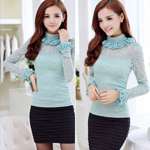 Shirt Flounced Long Sleeved High Neck Lace