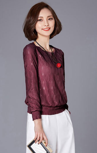 Shirt Red Lace Long Sleeved Woman