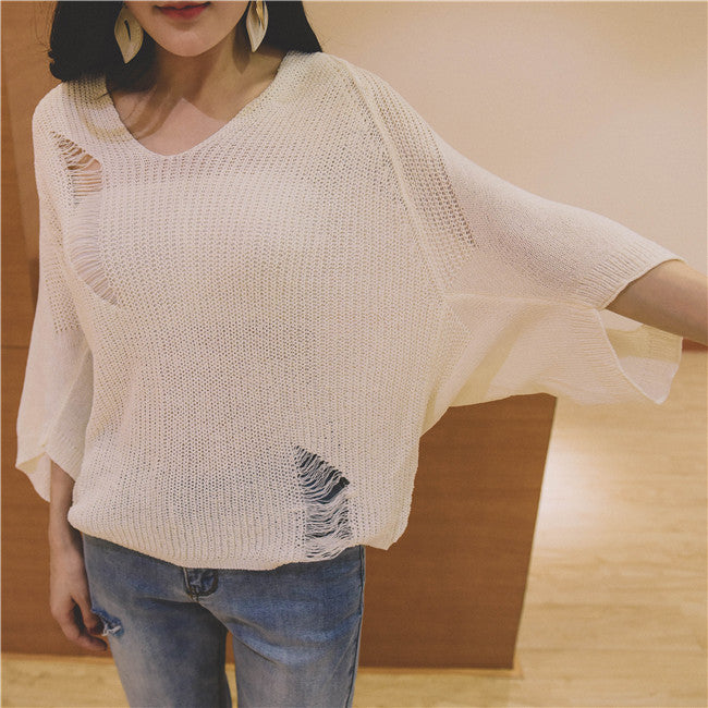 Sweater Bat Sleeved Ripped Hollow Loose