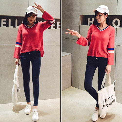 Sweater Long Sleeved V Neck Sporty