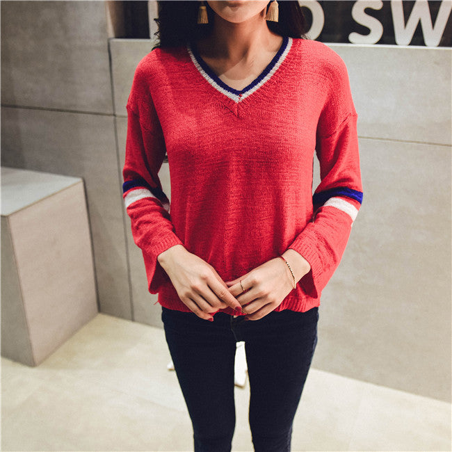 Sweater Long Sleeved V Neck Sporty