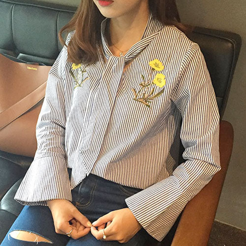 Shirt Striped Flower Embroidery Long Sleeved with Necktie