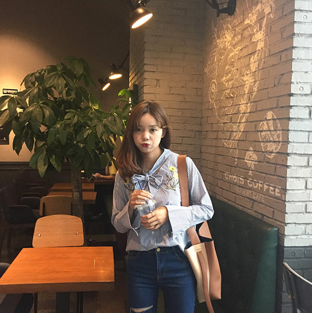 Shirt Striped Flower Embroidery Long Sleeved with Necktie