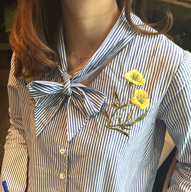 Shirt Striped Flower Embroidery Long Sleeved with Necktie