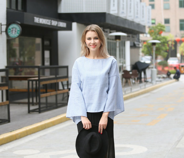 Shirt Striped Trumpet Sleeved Woman