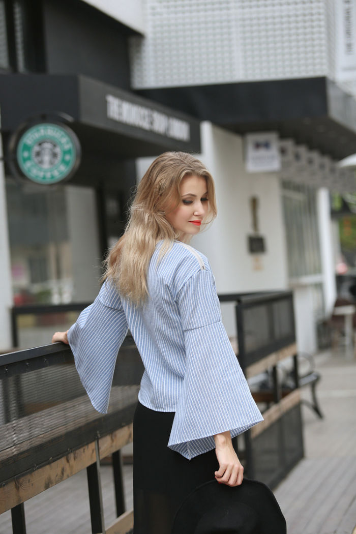 Shirt Striped Trumpet Sleeved Woman