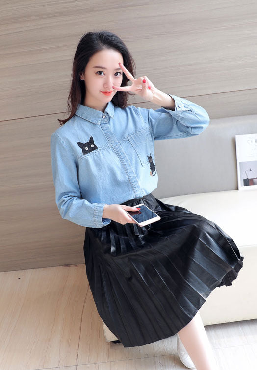 Shirt ue Jeans Long Sleeved Black Cat Pocket Collar