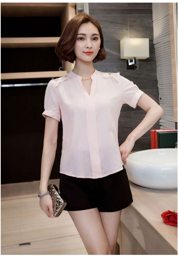 Blouse Atasan Wanita Lengan Pendek Leher V Brokat