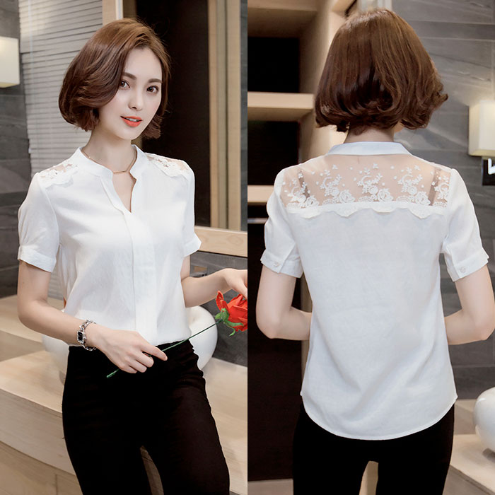 Blouse Atasan Wanita Lengan Pendek Leher V Brokat
