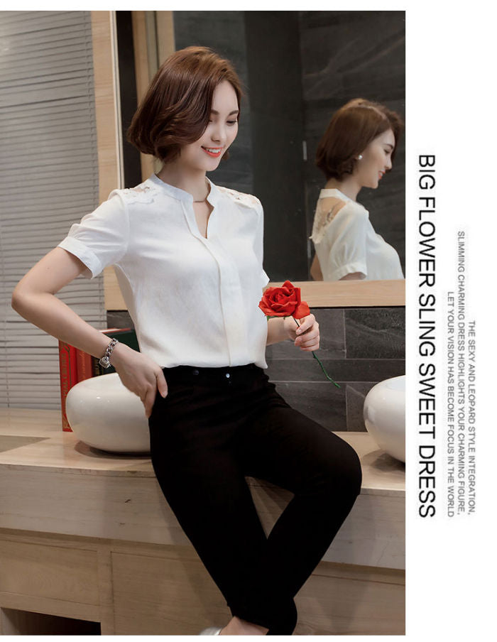 Blouse Atasan Wanita Lengan Pendek Leher V Brokat
