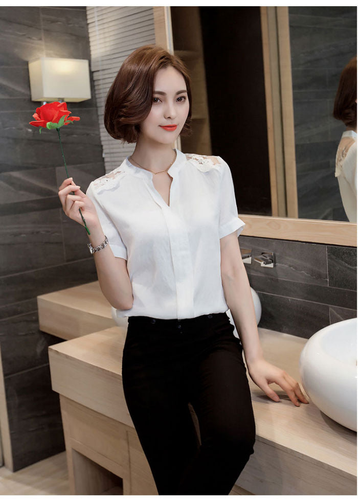 Blouse Atasan Wanita Lengan Pendek Leher V Brokat