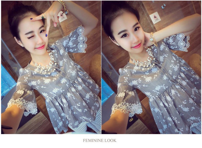 Shirt Flower Printing Horn Sleeved Woman