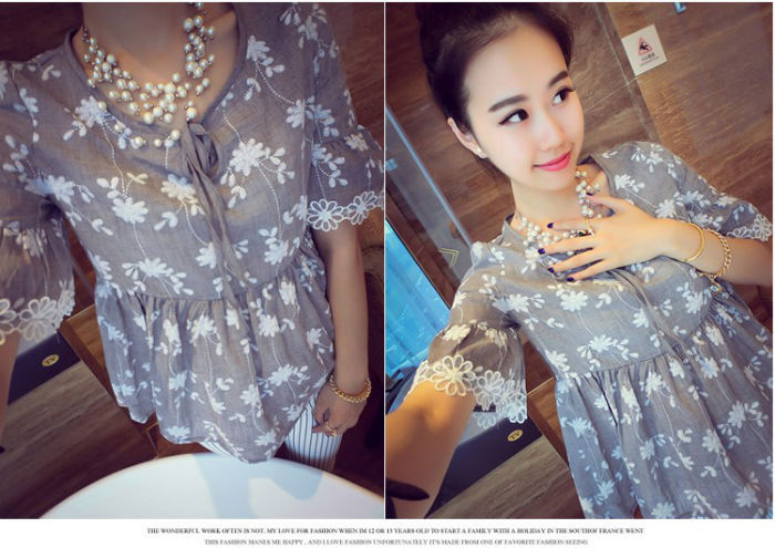 Shirt Flower Printing Horn Sleeved Woman