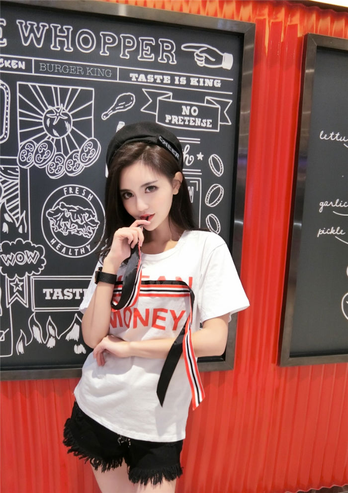 T-Shirt Money Letter Straped Short Sleeved Fashion