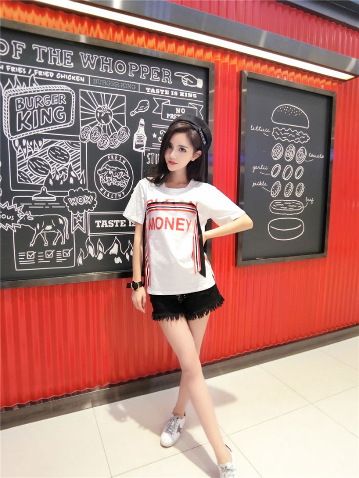 T-Shirt Money Letter Straped Short Sleeved Fashion