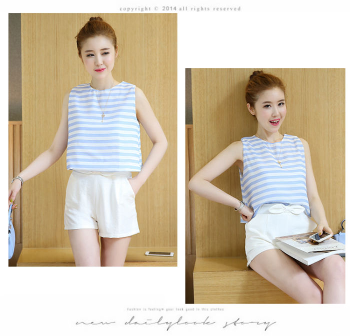 Striped Sleeveless Top and Bow White Short Pants