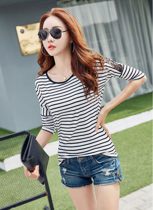 T-Shirt Striped Lace Shoulder Half Sleeved