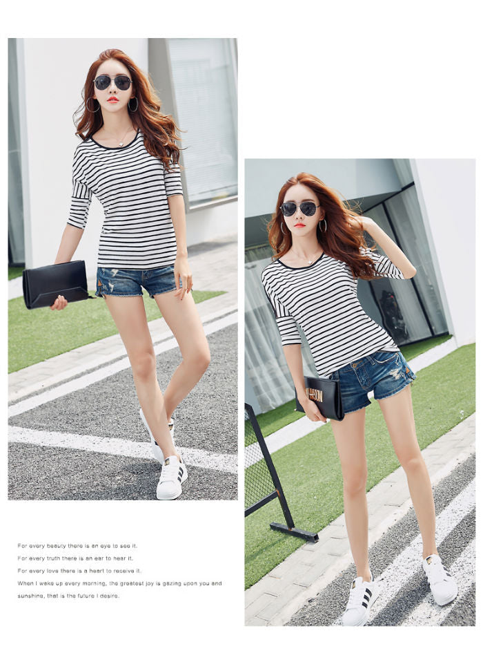 T-Shirt Striped Lace Shoulder Half Sleeved