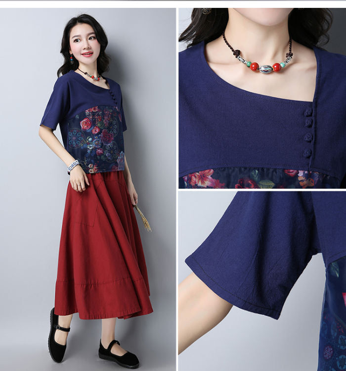 Shirt Flower Ethnic Short Sleeved Chinese Style