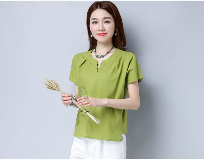 Shirt Short Sleeved V Neck Embroidery Simple