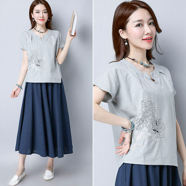 Shirt Short Sleeved V Neck Embroidery Simple