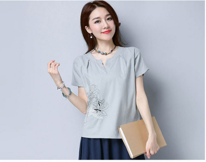Shirt Short Sleeved V Neck Embroidery Simple