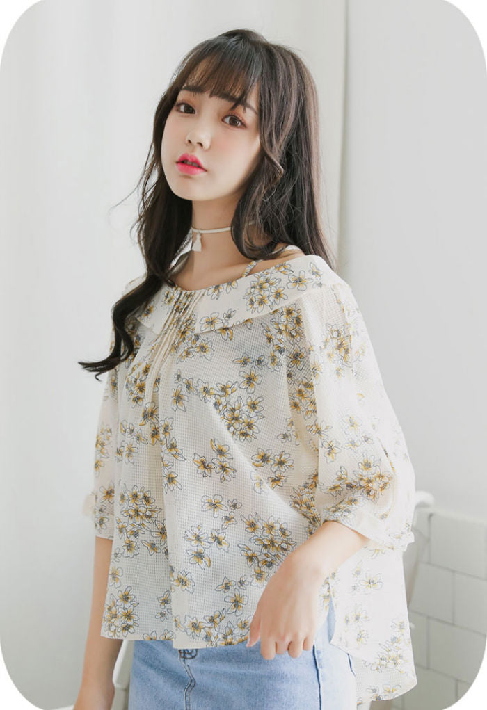 Blouse White Flower Short Sleeved Collar Korean
