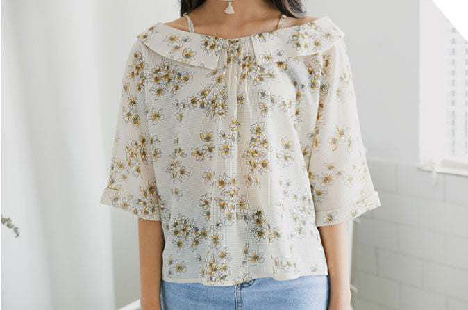 Blouse White Flower Short Sleeved Collar Korean
