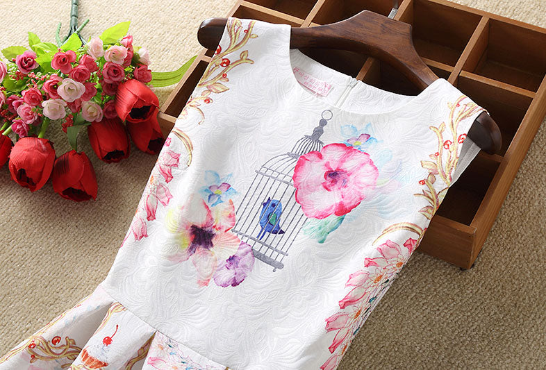 White Flower Bird Sleeveless Modern Dress