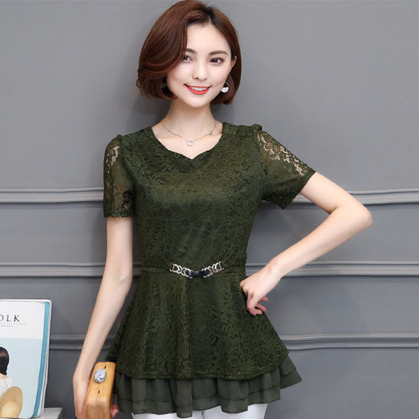 Shirt Lace Short Sleeved Layer Chiffon With Belt