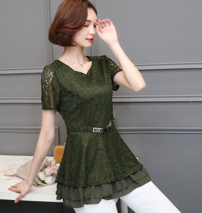 Shirt Lace Short Sleeved Layer Chiffon With Belt