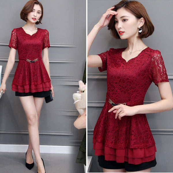 Shirt Lace Short Sleeved Layer Chiffon With Belt