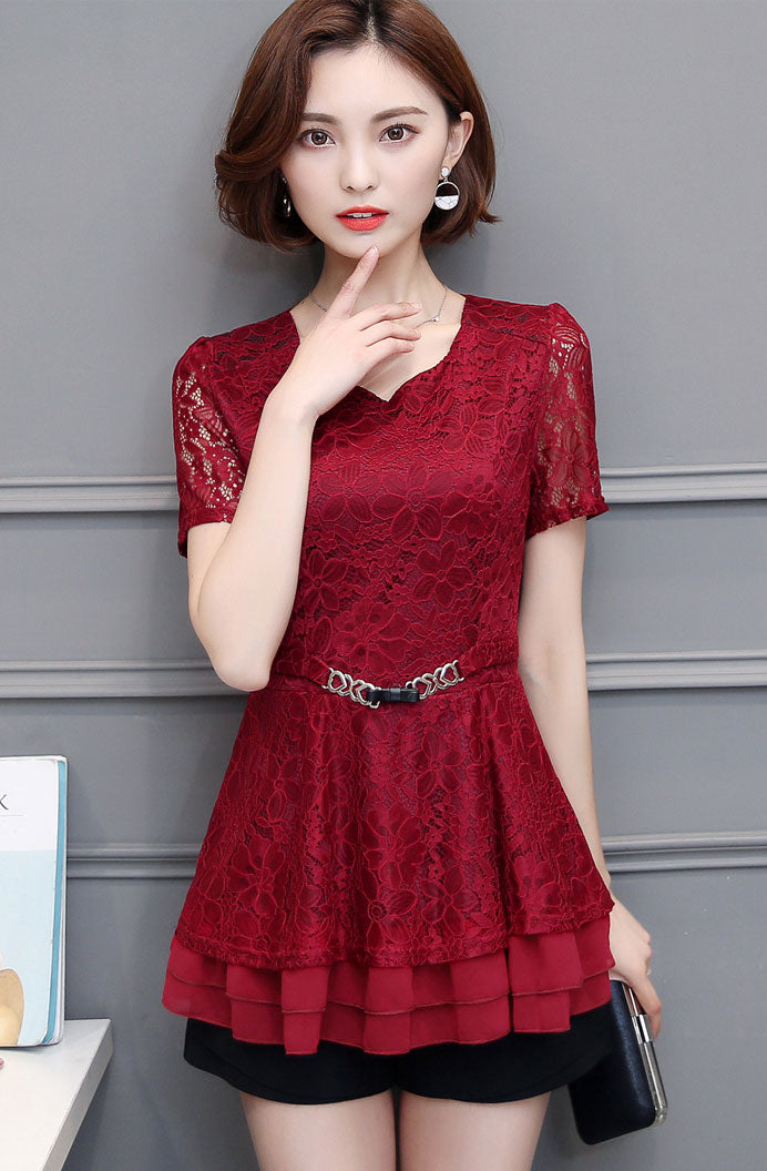 Shirt Lace Short Sleeved Layer Chiffon With Belt