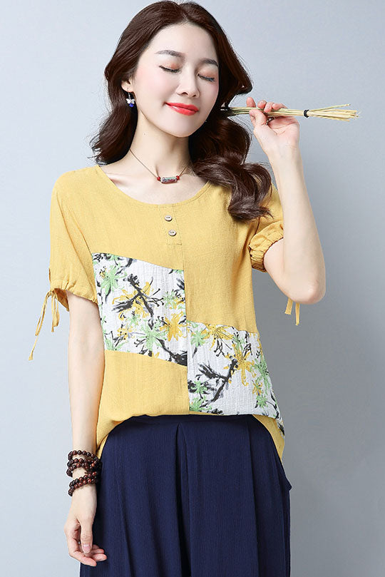 Shirt Flower Drawstring Short Sleeved Asian Style