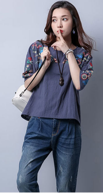 Blouse Flower Embroidery Half Sleeved Retro Woman