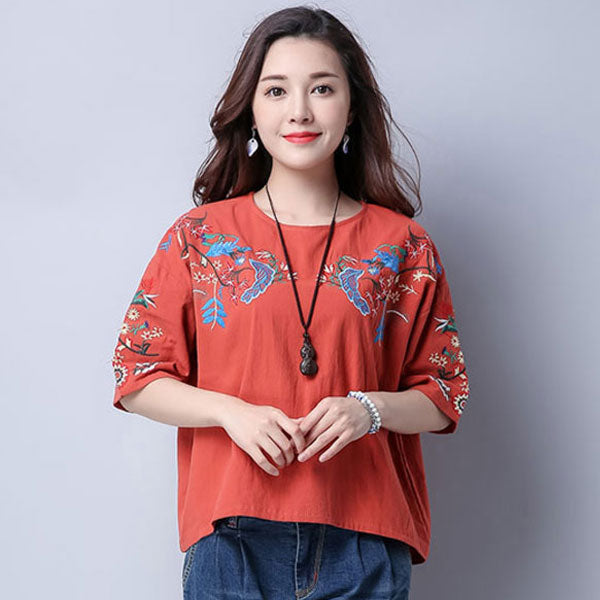 Blouse Flower Embroidery Half Sleeved Retro Woman