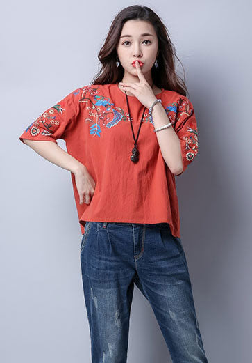 Blouse Flower Embroidery Half Sleeved Retro Woman