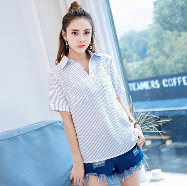 Shirt Vertical Striped Short Sleeved Pocket Formal