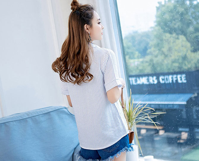 Shirt Vertical Striped Short Sleeved Pocket Formal