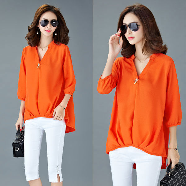 Blouse Chiffon V Neck Half Sleeved Woman