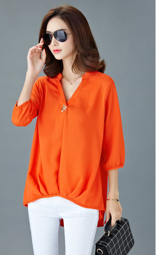 Blouse Chiffon V Neck Half Sleeved Woman