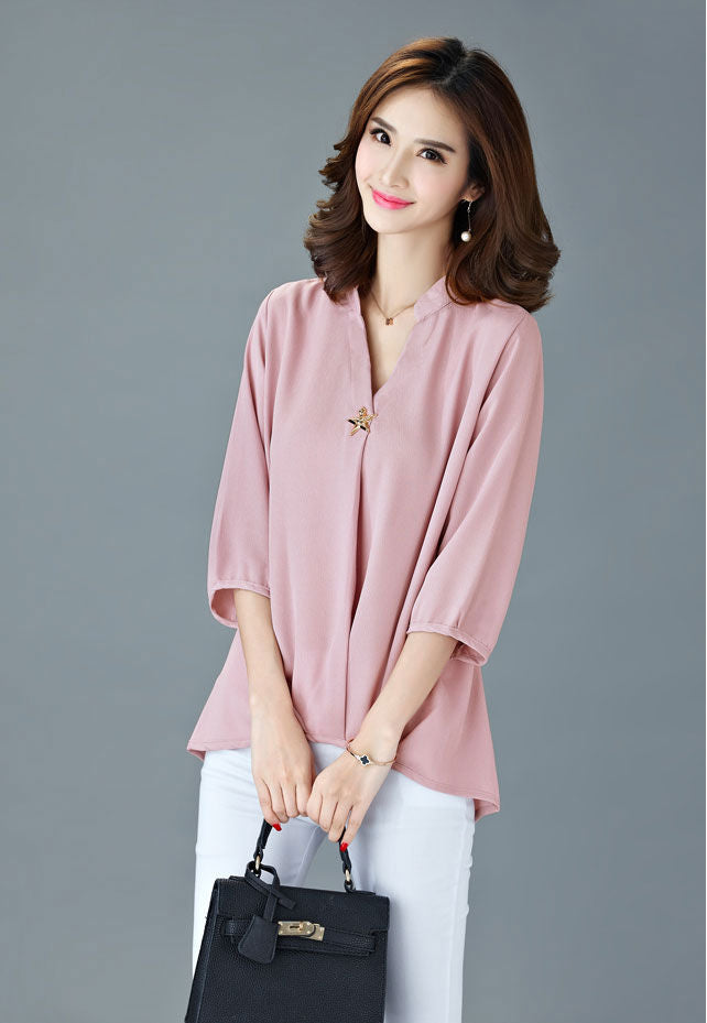Blouse Chiffon V Neck Half Sleeved Woman