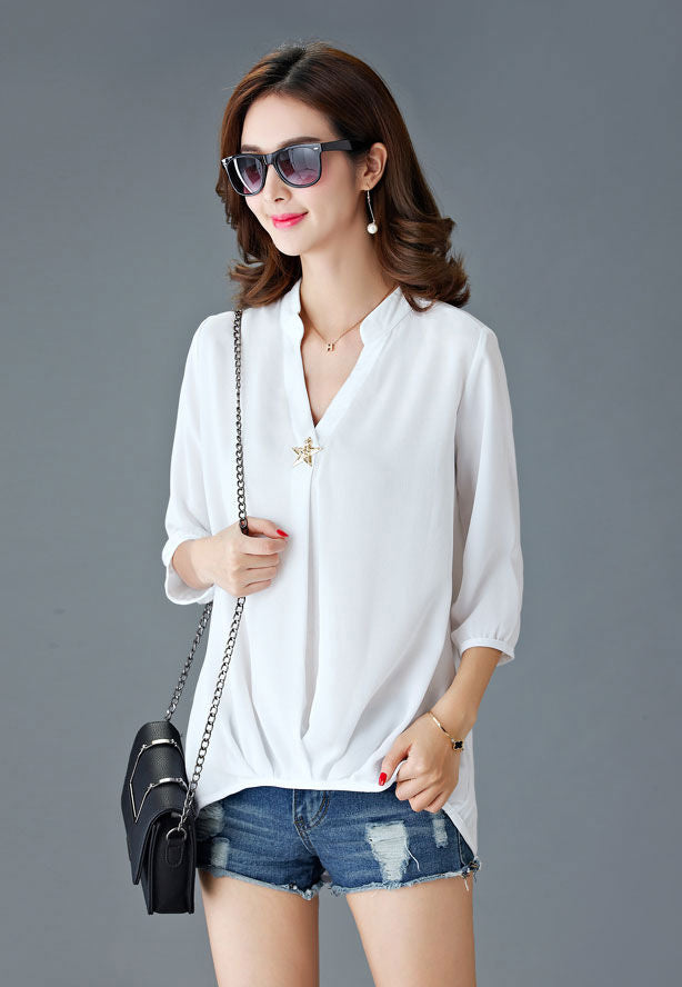 Blouse Chiffon V Neck Half Sleeved Woman