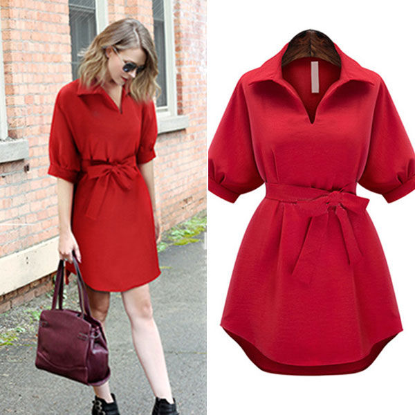 Short Sleeves V Neck Collar European Dress