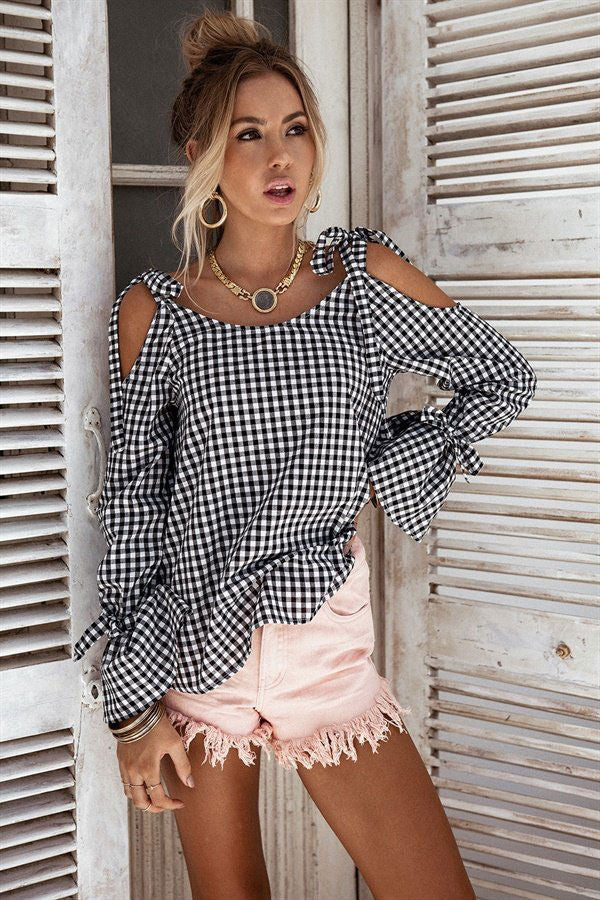 Plaid Long Sleeves Dew Shoulder Summer Shirt